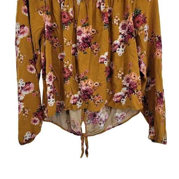 Vintage Rewind Peasant Blouse L Mustard Floral Off Shoulder Crop Button Tie Puff - Picture 8 of 14